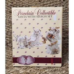 Classic Treasures Christmas Porcelain Collectible Santa Reindeer Sleigh Figurine